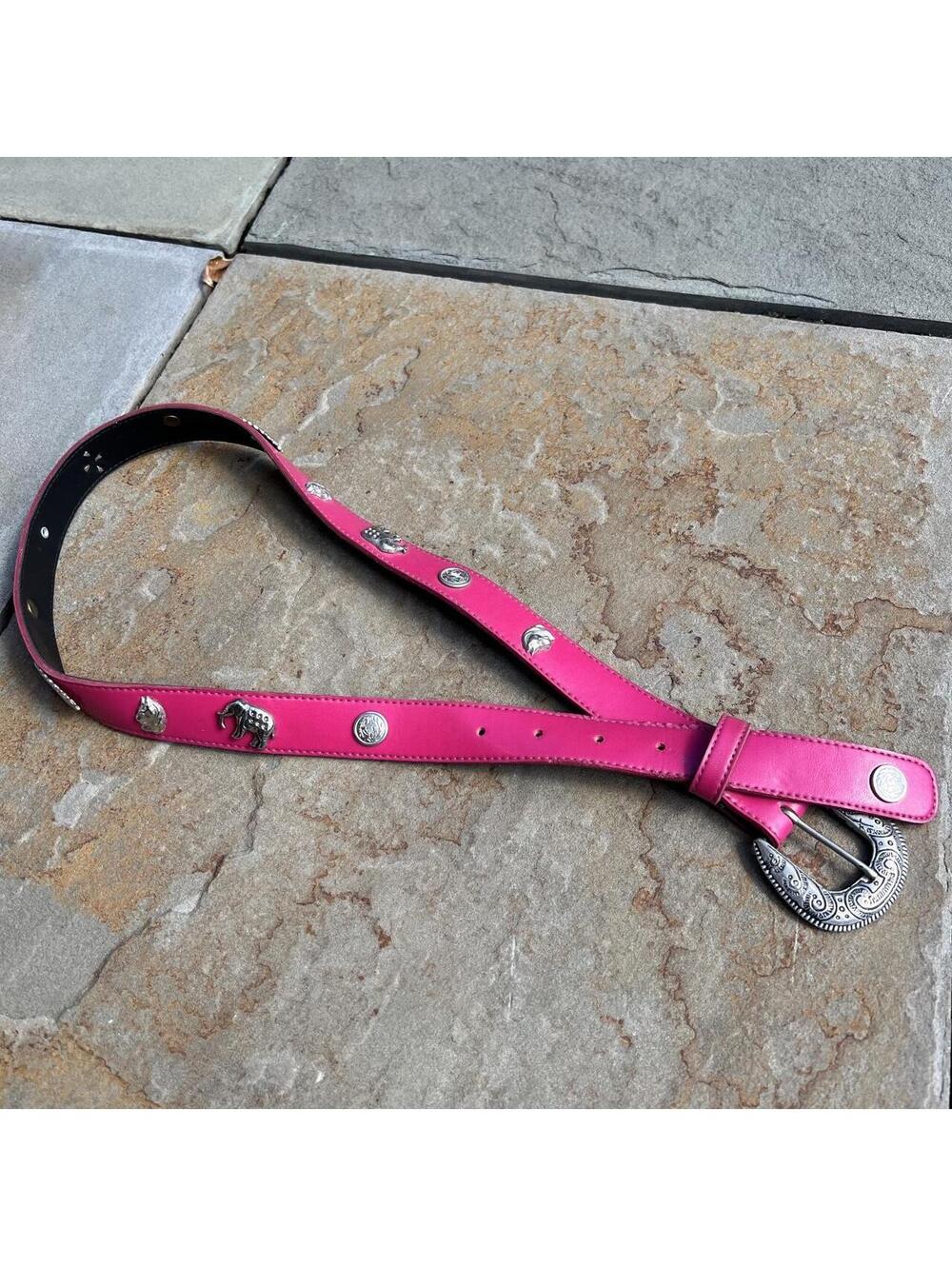 Vintage 90s Pink Faux Leather Metal Elephant + Horse Belt
